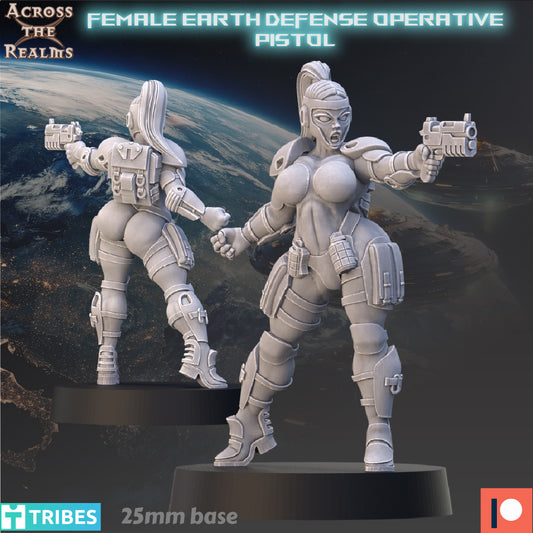 Female Earth Defense Operative with Pistol & Stun Rod  | 32mm Scale | Across the Realms