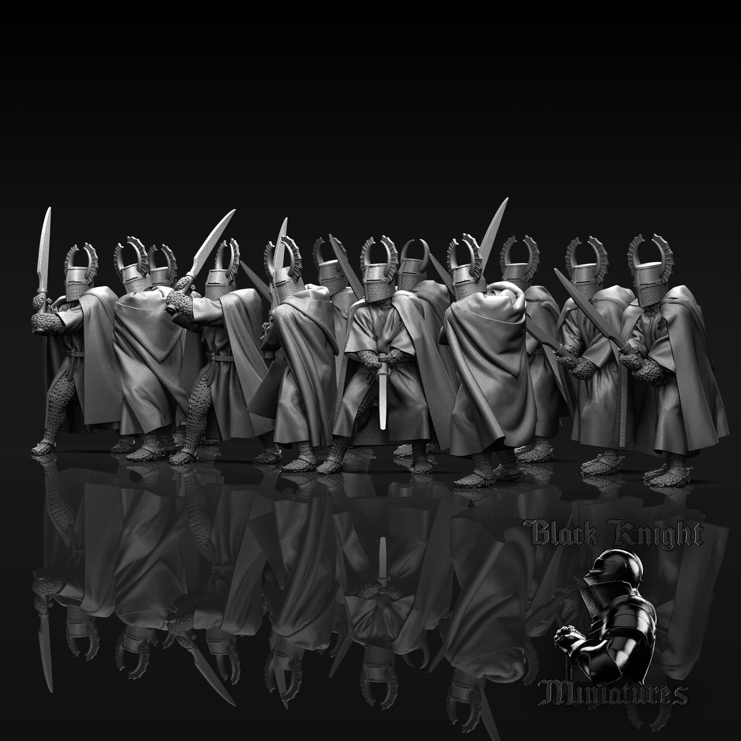 13th Century Teutonic Knights with Winged Great Helms and Faussarts | 28mm Scale | Black Knight Miniatures