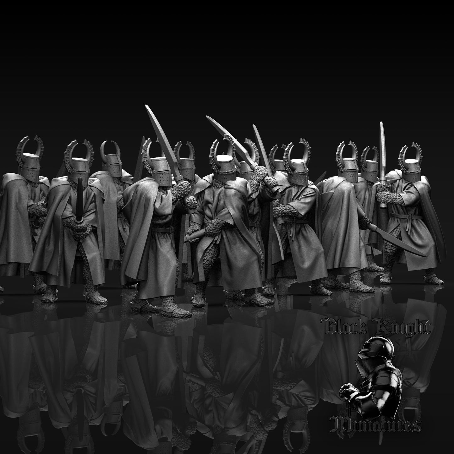 13th Century Teutonic Knights with Winged Great Helms and Faussarts | 28mm Scale | Black Knight Miniatures