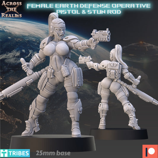 Female Earth Defense Operative with Pistol & Stun Rod  | 32mm Scale | Across the Realms